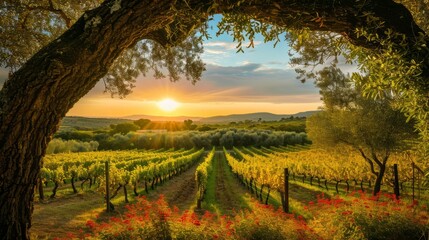 Naklejka premium Framed by Nature's Beauty: Captivating Bolgheri Vineyard, Olive Trees, and Flowers at Sunset in Tusc