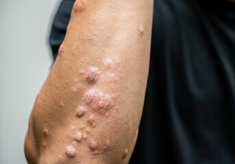 Fototapeta premium Skin condition on an arm with raised lesions visible, highlighting a health issue requiring attention and care