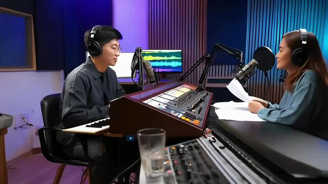 Podcasters recording in a studio