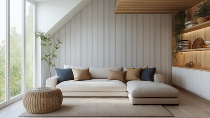 Scandinavian Attic Living Room with Corner Sofa and Shelving Unit in Modern Farmhouse Style