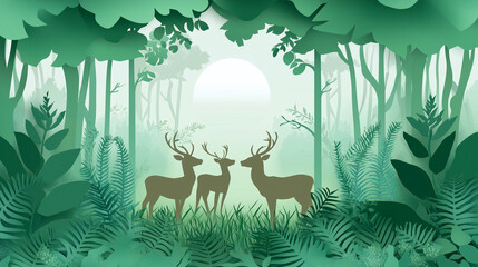 The image shows a lush green forest with a pair of deer standing in the middle The deer are facing each other and their antlers are touching The forest is