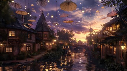 A picturesque view of a town at night, with a waterway flowing through it and illuminated by hanging umbrellas and lights. The scene has a magical and whimsical quality.