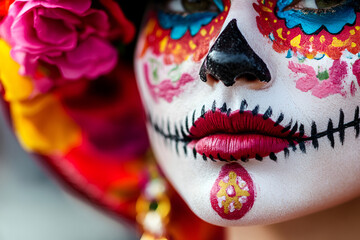 Close-up of D&iacute;a de los Muertos sugar skull makeup with vibrant floral details, Day of the Dead