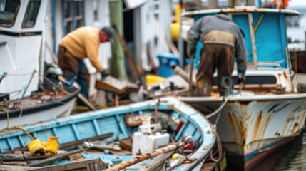 Fishermen Working on Boats in a Rustic Harbor Setting with Weathered Vessels and Nautical Equipment on a Cloudy Day