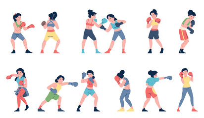 Female boxers. Women fighting in boxing gloves, punching in sparring and personal training. Wrestling girl athletes, strong woman recent vector characters