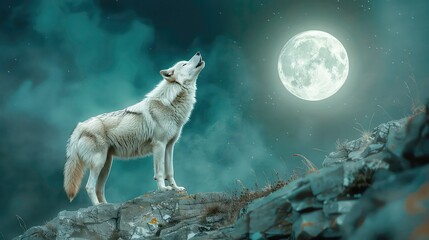 A white wolf howls at the full moon while standing on a rocky cliff, surrounded by a dark, cloudy sky.