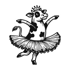 cow wearing a tutu skirt and dancing ballet funny illustration, ballet dancer, ballerina sketch