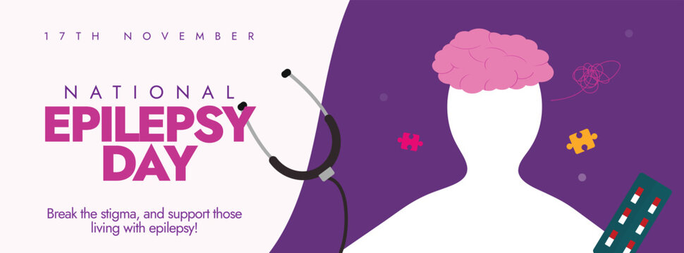 National Epilepsy Day. 17th November Epilepsy day celebration cover banner with purple theme, stethoscope. The month focuses on patients of disease to encourage them.