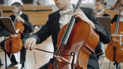Fototapeta premium Young Man Playing a Cello During an Orchestra Rehearsal