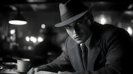 A man in a fedora seated at a table in a dimly lit café.