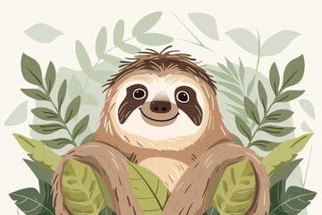 Obraz premium Adorable cartoon sloth surrounded by lush greenery