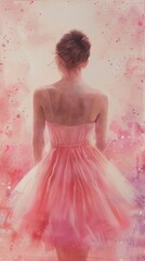 Fototapeta premium The watercolors softly blend to capture the subtlety of her movement and the delicate lines of her ballet slippers.