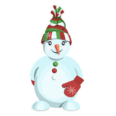 A charming snowman in a hat and mittens, isolated on a white background.Vector illustration of a cartoon snowman for Christmas designs,postcards,textiles.