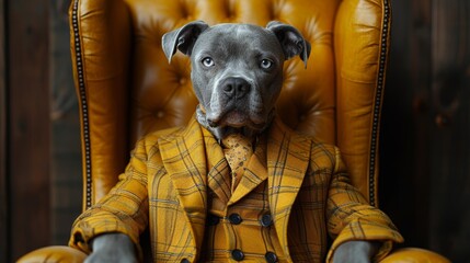 Dapper Canine Gentleman Pit Bull Dog Yellow Plaid Suit Portrait on Vintage Armchair
