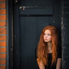 Fototapeta premium Woman with red hair at door