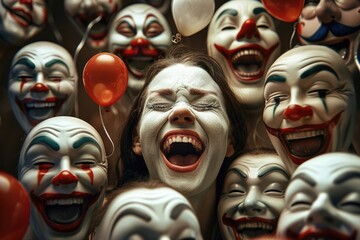 Obraz premium Woman laughing with clown masks