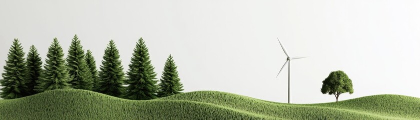 Fototapeta premium Lush green landscape with trees and a wind turbine against a white background.
