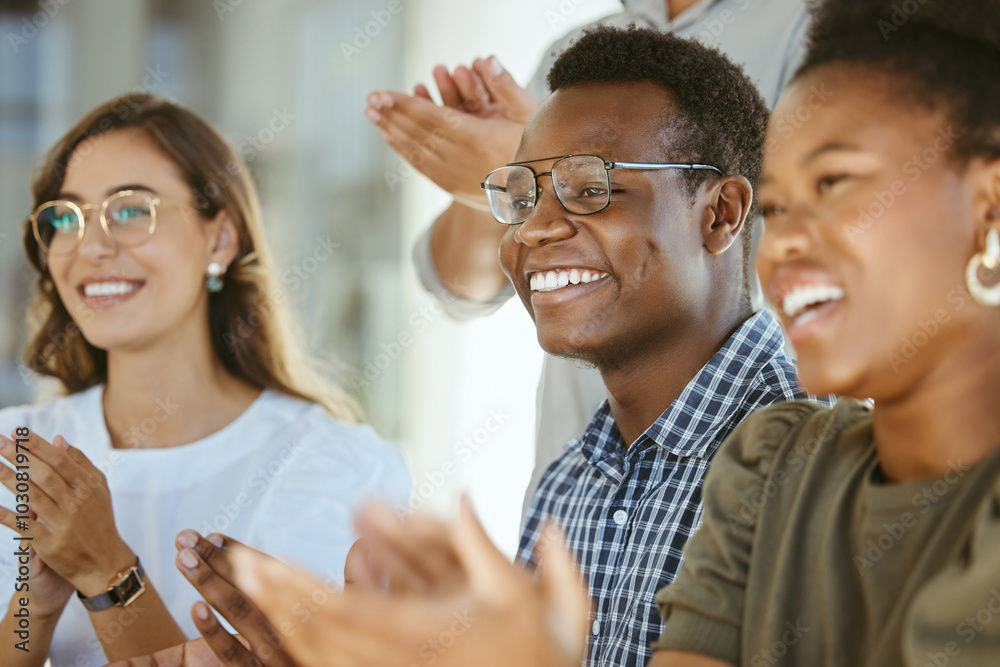 Sticker Happy, business people and meeting with applause for winning, promotion or congratulations at office. Excited, young group or employees clapping with smile for presentation or teamwork at workplace