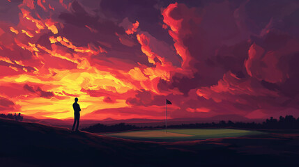Obraz premium A dramatic sunset scene on a golf course, with a lone golfer silhouetted against the sky, taking a shot towards the flag on a distant green.
