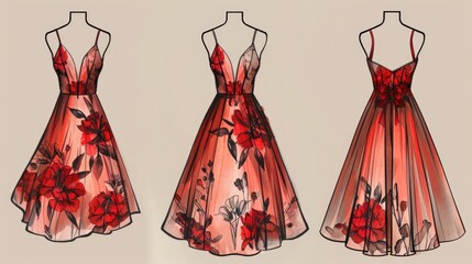 Three Dresses with Red Flowers
