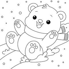 Polar Bear Cub Sliding Down a Snow Hill outline coloring page. Christmas and Winter Animal Illustration © Saly