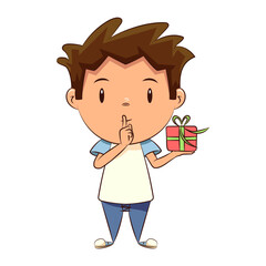 Child holding gift box, silence gesture