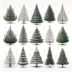 Fototapeta premium A collection of minimalist line-drawn Christmas trees showcased on a plain white background. Generative AI