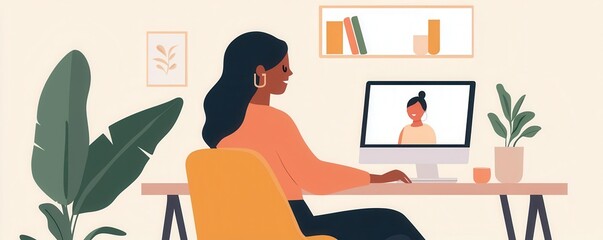 Businesswoman on a video call from her home office, kids playing in the background, worklife balance, remote work with family