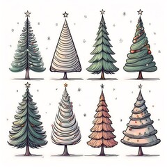 Obraz premium A collection of minimalist line drawn Christmas trees in various styles isolated on a clean white background. Generative AI