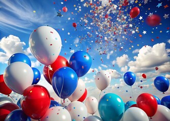Patriotic Celebration with Balloons and Confetti in a Bright Blue Sky