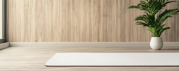 Yoga mat rolled out next to a desk, plant in the background, worklife balance, home office wellness