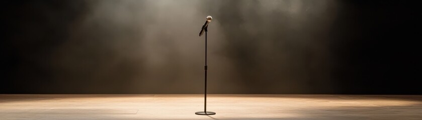 Microphone on stage, ready for performance, dramatic lighting.