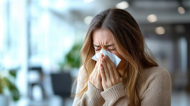 Woman in office clothes with cold or allergy sneezing into handkerchief on blurred office background, sick girl, flu, acute respiratory viral infection, ARVI, virus, runny nose, employee at work