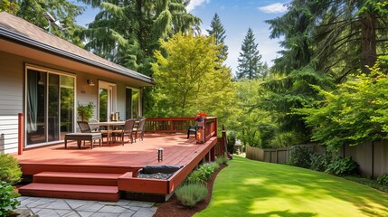 Naklejka premium Rustic Charm: Exploring the Artful Backyard of a Craftsman Home with a Stunning Red Deck in the Ench