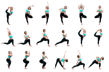 Healthy and active young woman in sportswear with different professional fitness posture set of yoga training session. Meditation yoga exercise on isolated background in gaiety full body length shot.