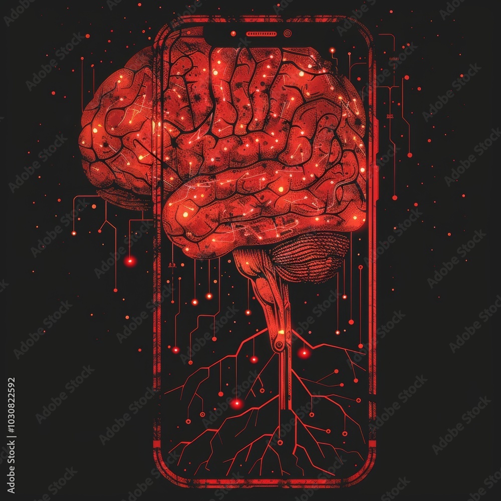 Poster an artistic representation of a brain that merges elements of technology with neural pathways, displ