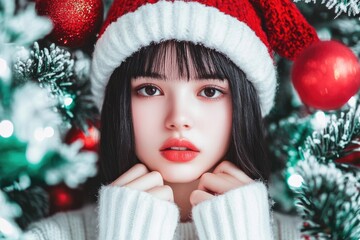 Festive winter portrait: woman in santa hat with snowy christmas tree