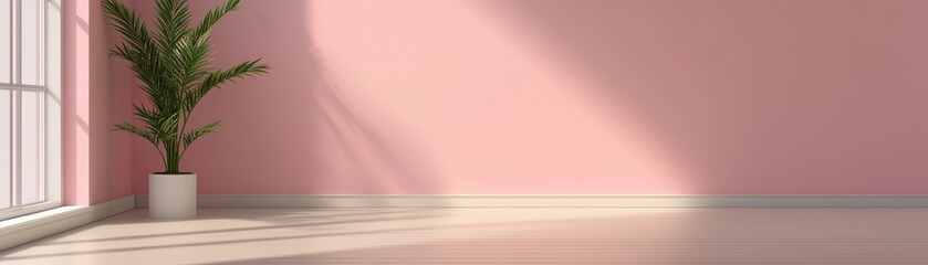 Minimalist interior design with pink wall and potted plant in bright sunlight.