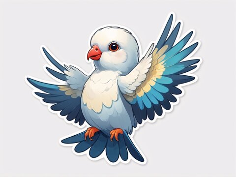 recommend clip art: Sticker a cute baby dove fly, proportional parrot, white background. generative ai