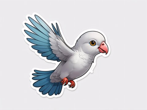 recommend clip art: Sticker a cute baby dove fly, proportional parrot, white background. generative ai