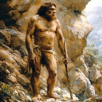 A Neanderthal man stands confidently near a rocky cliff, holding a wooden stick. His muscular physique and natural surroundings illustrate the prehistoric lifestyle at a time close to sunset.