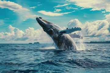 Fototapeta premium Majestic Humpback Whale Breaching Against a Vibrant Blue Sky for Ocean Conservation Awareness