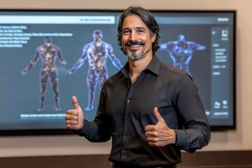 Confident professional giving thumbs up in front of digital 3d human models on display screen