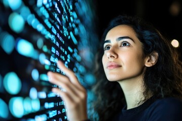 Young woman engaging with interactive digital data display at night