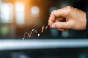 Hand manipulating virtual financial chart with rising trend in bright light