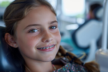 Girl with braces at orthodontist, receiving dental checkup, showing concept of dental care