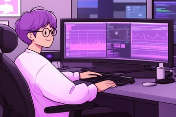 Purple-themed trading enthusiast analyzing crypto market on dual monitors