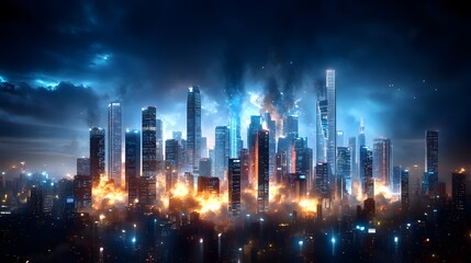 Dramatic Illuminated Cityscape With Stormy Skies and Explosions in a Futuristic Metropolis