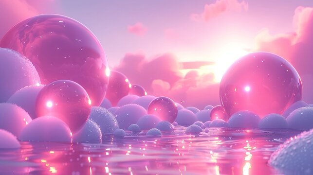 Glistening bubbles in shades of pink and purple rise gently across tranquil waters, reflecting the warm hues of a stunning sunset, creating a peaceful and whimsical atmosphere.