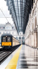 Fototapeta premium An elegant vintage train awaits passengers at a grand old station with sunlight illuminating the dark atmosphere through large windows